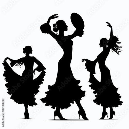 Flamenco dancer silhouettes expressing passion and grace in elegant motion on light background