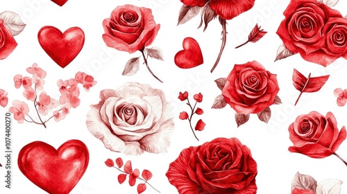 Wallpaper Mural Watercolor seamless pattern with red roses, hearts and arrows, romantic floral background for Valentine's Day, wedding, love and romance. Torontodigital.ca