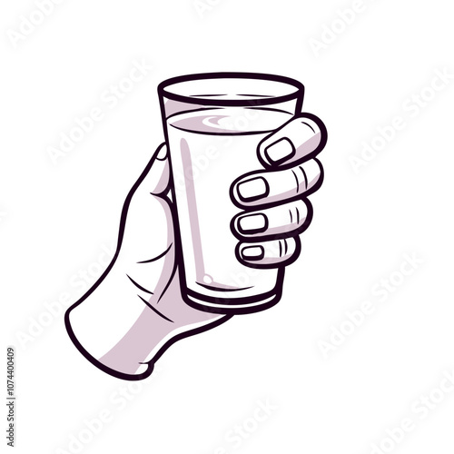 Hand holding a glass of water icon representing refreshment and hydration on a white background