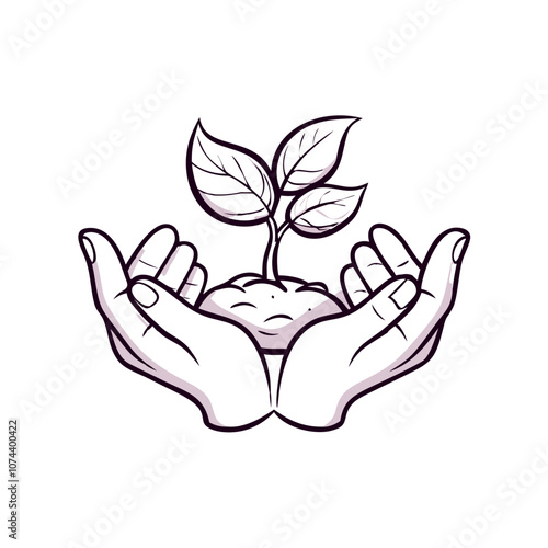 Hand holding plant icon featuring a sprout with leaves in minimalist style, symbolizing growth and care
