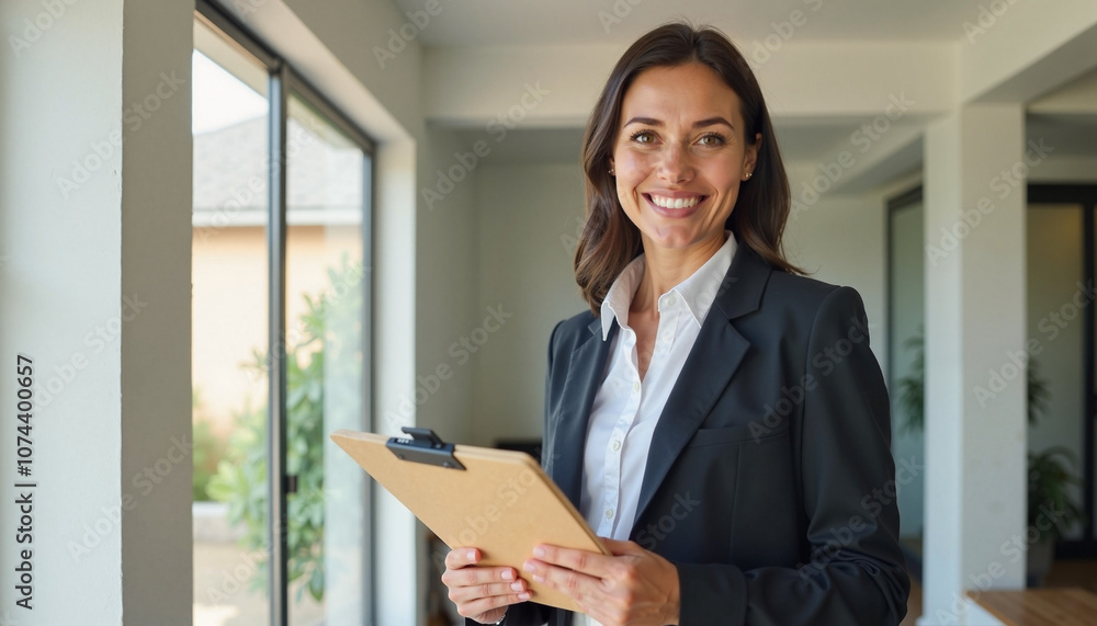 A cheerful real estate agent holding house keys and a clipboard in a charming new home filled with natural light A cheerful real estate agent holding house keys and a clipboard in a charming new home filled with natural light