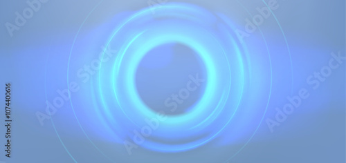 Luminous concentric circles around sphere with blue neon light. Flare radiates from central round frame with glow effect. Abstract mystical portal or energy pulse background for tech presentations.