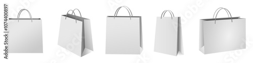 editable blank realistic white or grey paper shopping bags, Empty cardboard packets for corporate brand template, e commerce advertiser, discount sale or purchase retail fashion