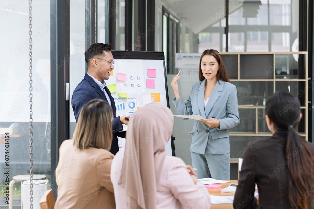 Fototapeta premium Team of asian business working with finances analysis report meeting in office, business financing, accounting banking, Business teamwork, Team of creative asian business meeting and business planning