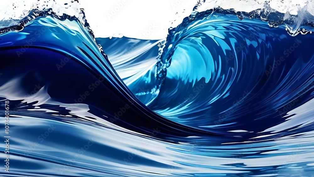 Dynamic blue ocean wave illustration with swirling curves and splashes ...