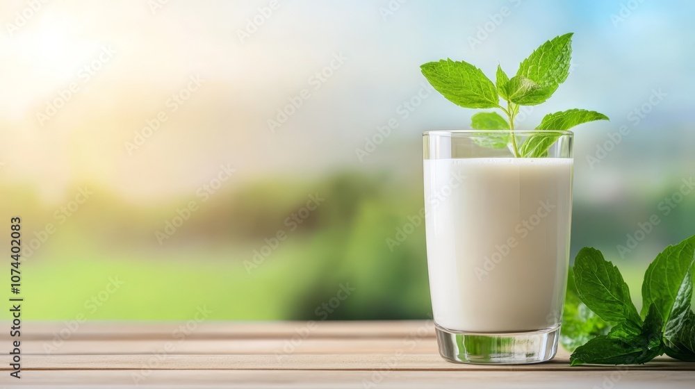 Glass of milk with fresh mint leaves on rustic wooden table, a refreshing and healthy beverage Glass of milk with fresh mint leaves on rustic wooden table, a refreshing and healthy beverage