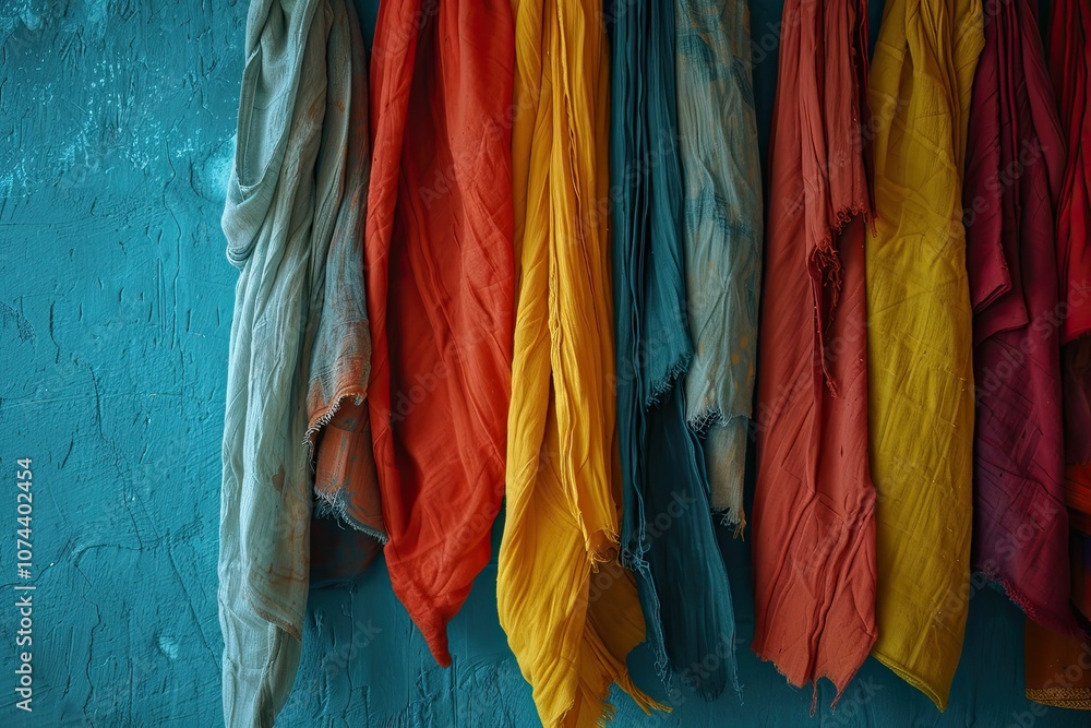 Colorful fabric hanging against a blue wall. Colorful fabric hanging against a blue wall.