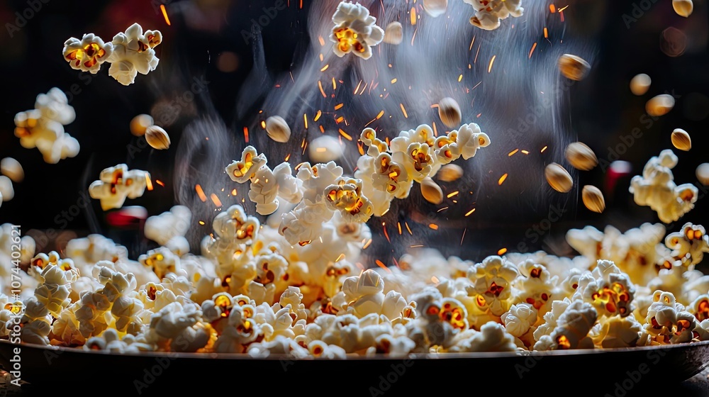 Popcorn exploding in air, capturing movement and texture in a dark setting Popcorn exploding in air, capturing movement and texture in a dark setting