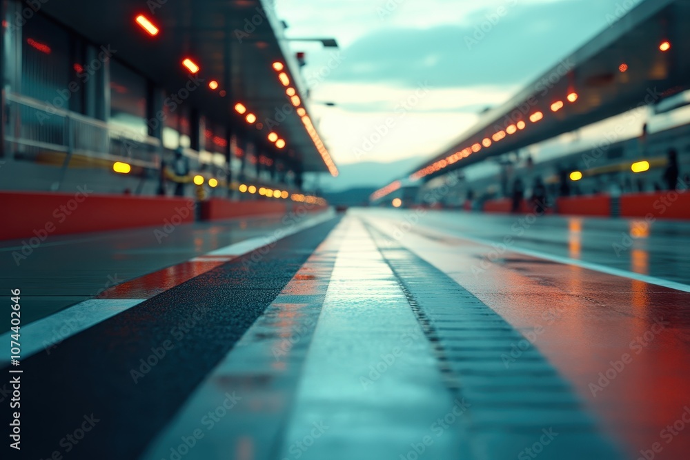 A wet racetrack with white lines. Perfect for a race car or motorsport-related project. A wet racetrack with white lines. Perfect for a race car or motorsport-related project.