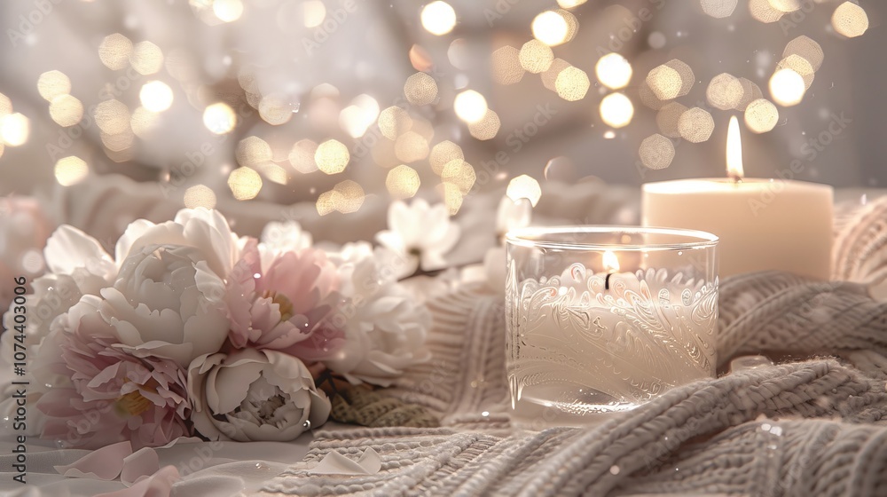 A candle on a table with a white knitted blanket and peony flowers. A candle on a table with a white knitted blanket and peony flowers.