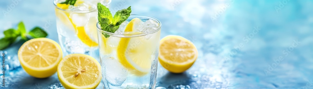 Two glasses of refreshing lemonade with mint and lemon slices, a perfect summer drink Two glasses of refreshing lemonade with mint and lemon slices, a perfect summer drink