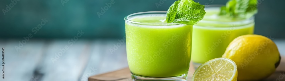 Refreshing green smoothie, two glasses with lemon and mint garnish a healthy delicious beverage Refreshing green smoothie, two glasses with lemon and mint garnish a healthy delicious beverage