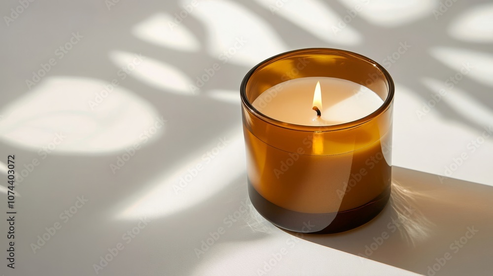 A candle in a beige glass bowl, container on table. Daylight, foliage shadows. Copy space background. Concept of calm and relaxation, warm and cozy atmosphere. A candle in a beige glass bowl, container on table. Daylight, foliage shadows. Copy space background. Concept of calm and relaxation, warm and cozy atmosphere.