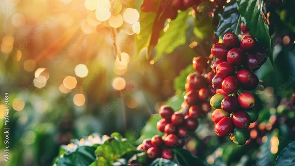 Branch of red coffee beans growing on a coffee plant on a plantation at sunset or sunrise Branch of red coffee beans growing on a coffee plant on a plantation at sunset or sunrise