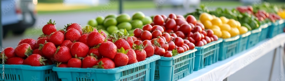 Overflowing baskets of fresh, ripe strawberries on a rustic table, summer delight Overflowing baskets of fresh, ripe strawberries on a rustic table, summer delight