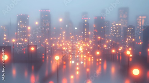 A calm, moody cityscape in thick fog, with skyscrapers barely visible and soft light from streetlights creating a mysterious ambiance.
