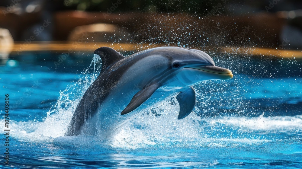 Naklejka premium Dolphin swimming and jumping in the middle of the ocean, jumping up and down in the water happily, showing playful and social behavior