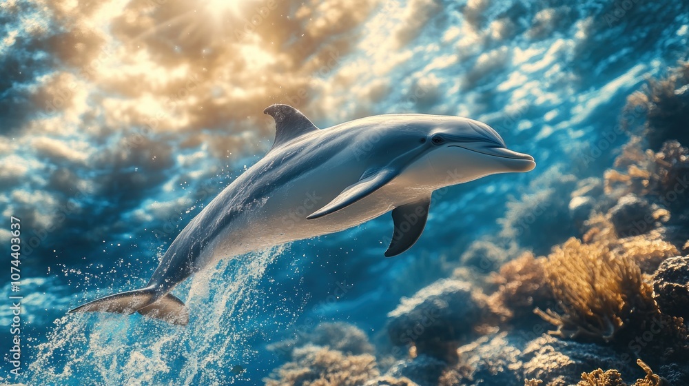 Naklejka premium Dolphin swimming and jumping in the middle of the ocean, jumping up and down in the water happily, showing playful and social behavior