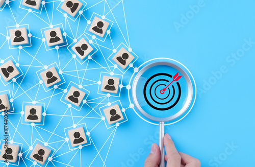 CRM, customer relationship management concept. Customer profile icons connected to target customer relationship management and targeted marketing strategies. Community online network technology, photo