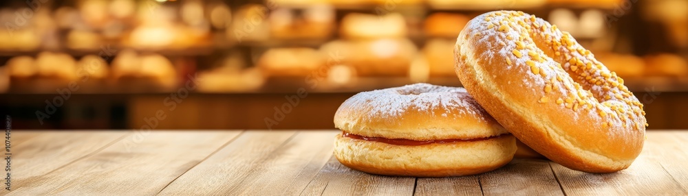 Two delectable donuts on a rustic wooden table, sweet treat for any occasion. Two delectable donuts on a rustic wooden table, sweet treat for any occasion.