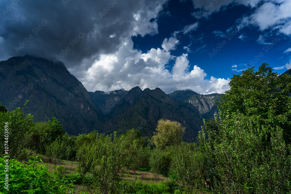 Beautiful view of mountains of Parvati valley from Jari village in Himachal Pradesh, India Beautiful view of mountains of Parvati valley from Jari village in Himachal Pradesh, India