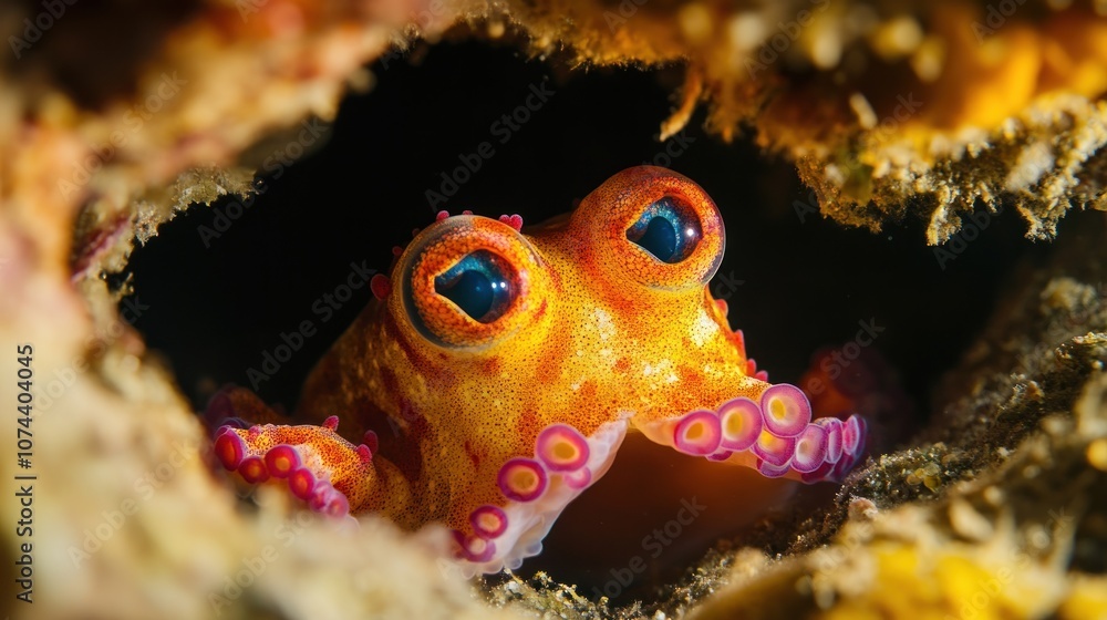 Octopus, stretching its tentacles under the sea, has eyes and bright colors Octopus, stretching its tentacles under the sea, has eyes and bright colors