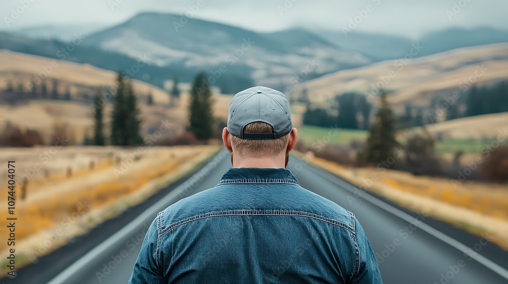 Man stands at the edge of a road surrounded by beautiful mountains and open fields
