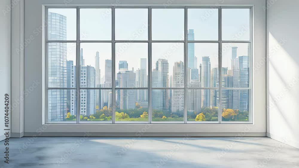 Interior view of an empty room in a skyscraper, showcasing the cityscape during the day. The skyline view from a high-rise window offers a gorgeous property with a stunning view. Interior view of an empty room in a skyscraper, showcasing the cityscape during the day. The skyline view from a high-rise window offers a gorgeous property with a stunning view.