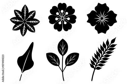 6 vector silhouette icon set of Nasturtium, Morning Glory, Verbena, Phlox, Hyacinth, Queen Anne’s Lace