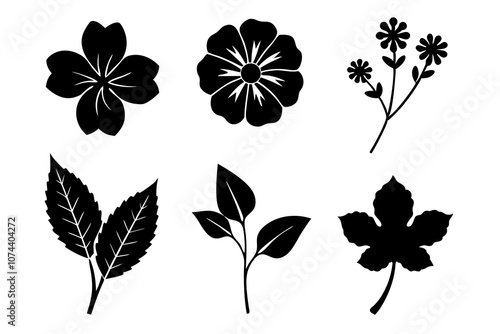 6 vector silhouette icon set of Nasturtium, Morning Glory, Verbena, Phlox, Hyacinth, Queen Anne’s Lace