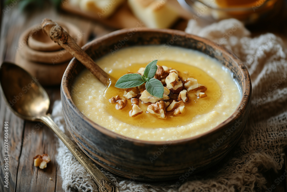 Creamy cornmeal porridge served in a bowl, topped with butter and honey Creamy cornmeal porridge served in a bowl, topped with butter and honey
