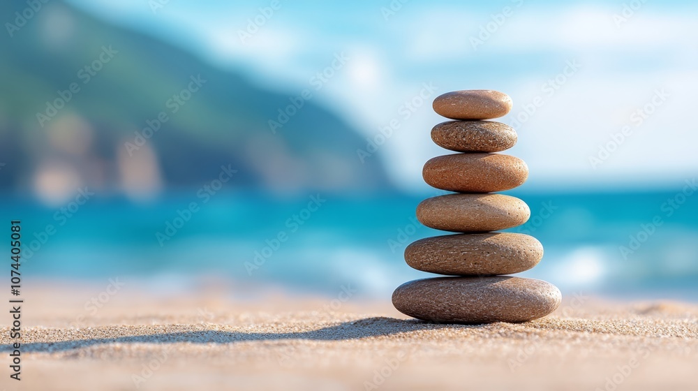 Balancing rocks on the beach, a serene coastal landscape with vibrant blue sky Balancing rocks on the beach, a serene coastal landscape with vibrant blue sky