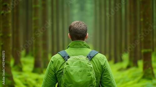 Explore nature's beauty man in green jacket stands among vibrant forest trees for a refreshing adventure