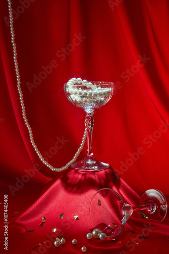 An upper crimson surface with glasses containing pearl threads, a glass, some pearls, and confetti strewn over it is seen in front against a red background. An picture template for a party theme.