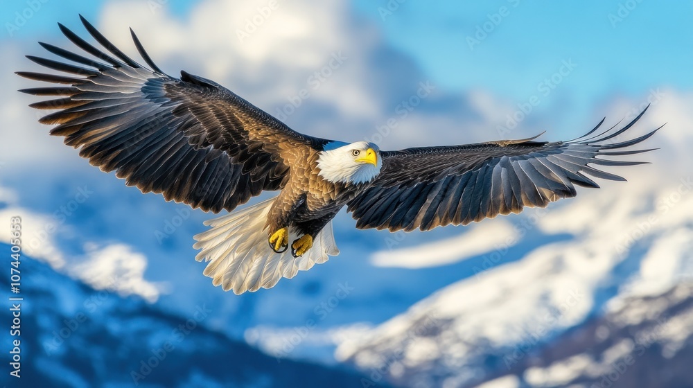 Obraz premium White-headed eagle, flying in the sky, amidst the mountains and clouds of the blue sky, the details of the wings are clearly visible