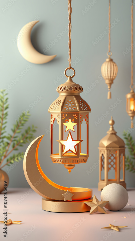 Obraz premium Ramadan with moon and star lantern decoration, abstract luxury islamic background 3d rendering illustration