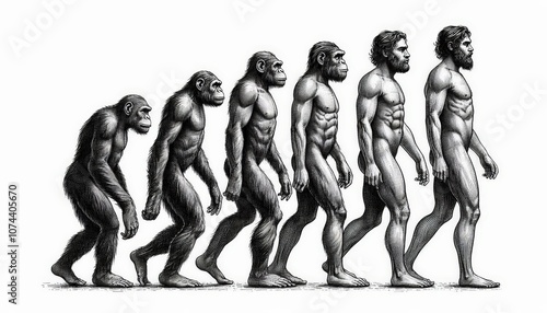 evolution of man from ape through various stages to modern human sketch engraving character vector illustration. Black and white image.