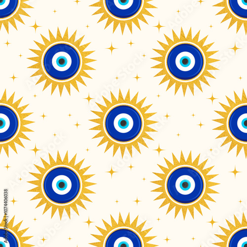 Evil eye Greek seamless pattern. Vector background with blue beads and sun. Turkish nazar - ethnic symbol of protection energy and luck. Mystic amulet with golden ornament. Cute cosmic design