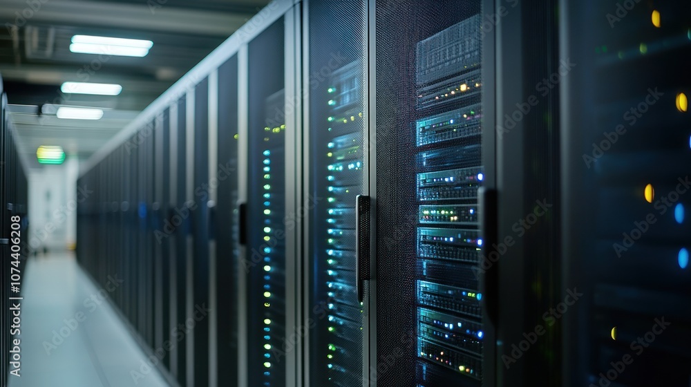 Server Room Interior with Rows of Black Cabinets Server Room Interior with Rows of Black Cabinets