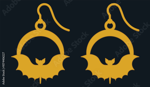 Abstract golden earrings with simple bat silhouette Halloween themed jewelry designs. Intricate and spooky design for festive jewelry pieces inspired by the Halloween. 