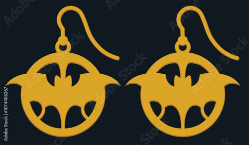Abstract golden earrings with simple bat silhouette Halloween themed jewelry designs. Intricate and spooky design for festive jewelry pieces inspired by the Halloween. 