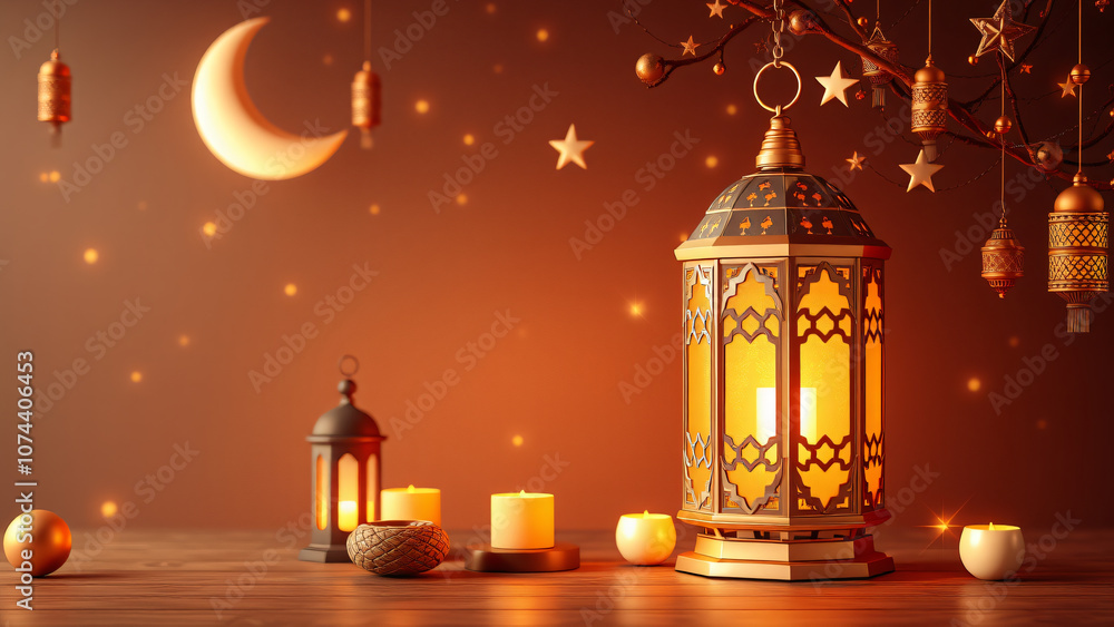 Ramadan with moon and star lantern decoration, abstract luxury islamic background
3d rendering illustration