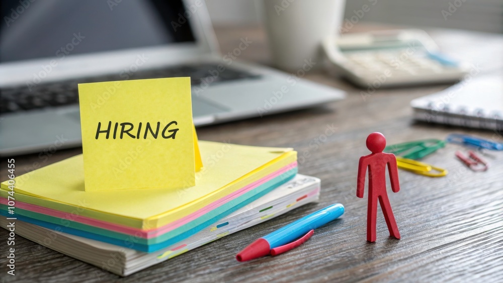 Desk setup with hiring notice and figurine. Desk setup with hiring notice and figurine.