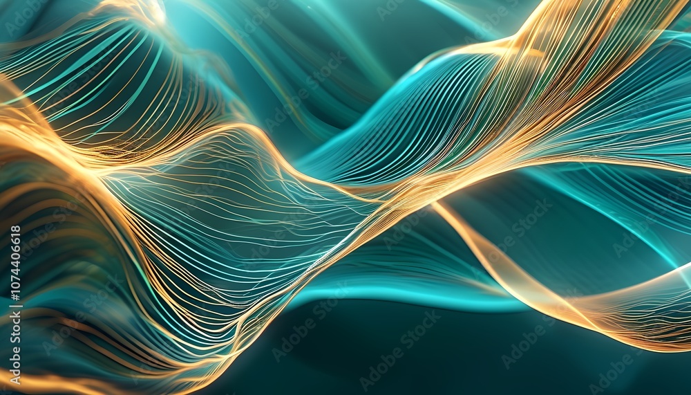 Fototapeta premium Abstract swirling turquoise-gold lines in vibrant colors create a dynamic visual 3D effect.