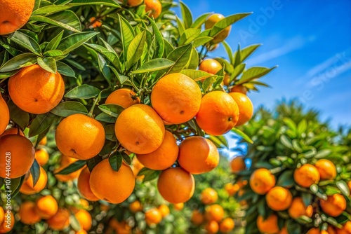 Ripe oranges hang from the branches of orange trees surrounded by lush green leaves. The clear blue sky in the background indicates a sunny day.