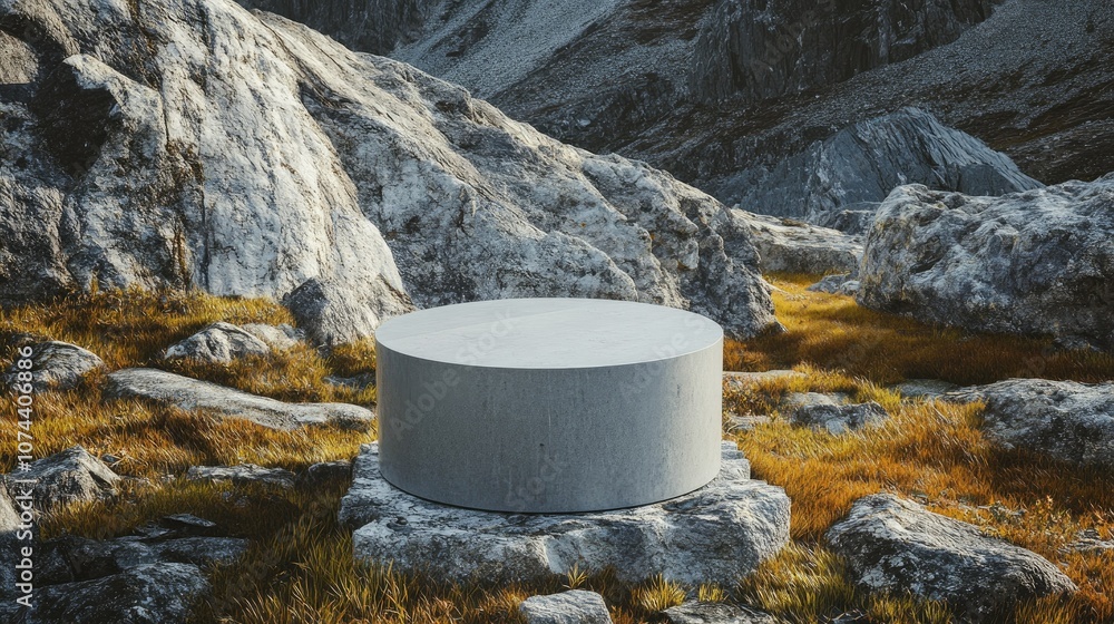 Minimalist circular pedestal in a rocky landscape, modern smoothness contrasting with the rugged natural setting. Minimalist circular pedestal in a rocky landscape, modern smoothness contrasting with the rugged natural setting.