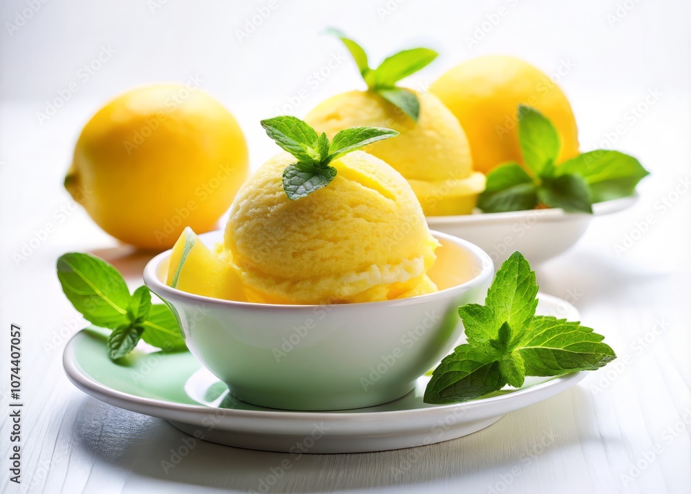 Refreshing Lemon Sorbet with Mint Leaves Isolated on White Background for Summer Treats and Desserts, Perfect for Food Photography, Culinary Inspiration, and Flavorful Delights Refreshing Lemon Sorbet with Mint Leaves Isolated on White Background for Summer Treats and Desserts, Perfect for Food Photography, Culinary Inspiration, and Flavorful Delights