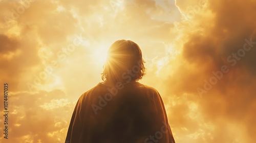 A person with long hair stands with their back to the camera, looking up at a bright light in the sky.