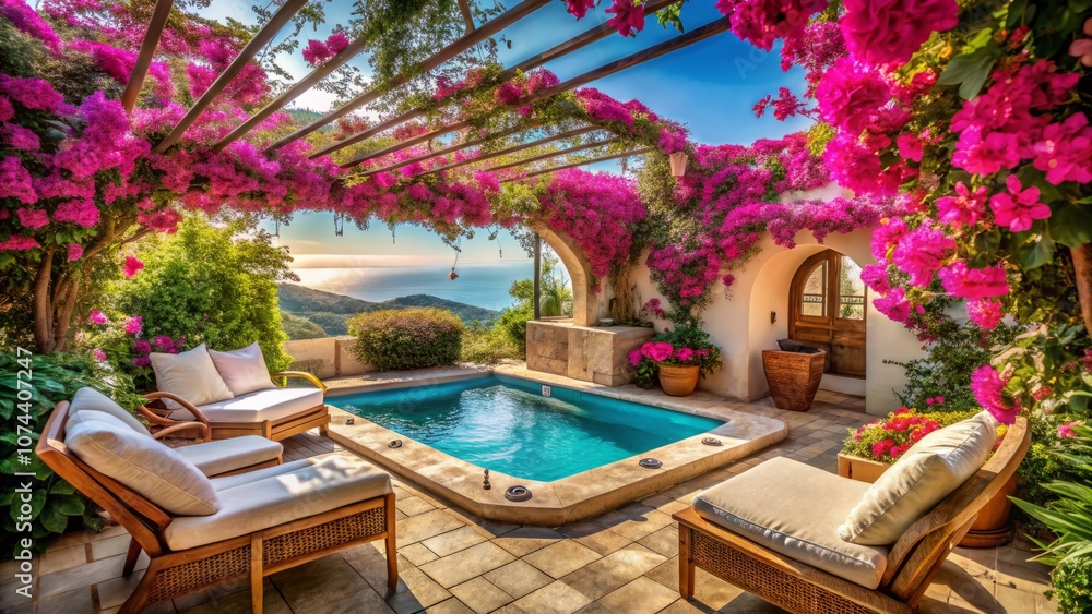 Obraz premium Relaxing Outdoor Mediterranean Spa Retreat with a Hot Tub Surrounded by Bougainvillea and Lounge Chairs, Perfect for a Sunny Day of Rest and Rejuvenation in Nature's Embrace