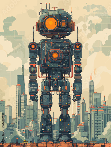 Retro robot on the background of the city. Vector illustration.